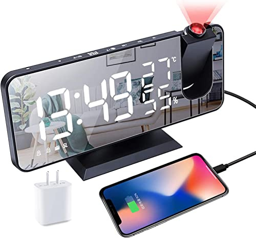 Digitaler Wecker für Schlafzimmer, Radiowecker an der Decke, USBLadeanschluss, Temperatur und Luftfeuchtigkeitsanzeige, 18,5 cm großes SpiegelLEDDisplay, 1224 Stunden, Schlummerfunktion,