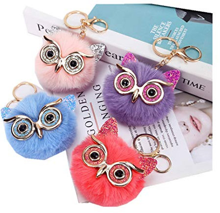 Freesom Lot de 4 Porte Clé Clef Femme Pompon Poil Homme Enfant Pendentif Hibou Kawaii Peluche Artificiel Or Original Chic Fantaisie Accessoire de Sac Décoration Voiture Cadeau Pas Cher Bleu