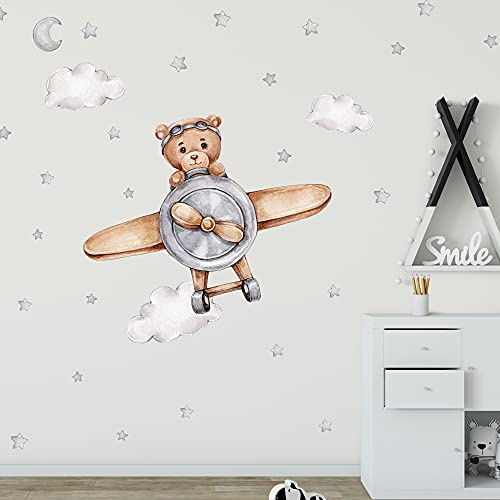 WANDKIND Bär im Flieger Wandtattoo V272 | handgezeichnet | AUFKLEBER Kindergarten | Wandsticker Kinderzimmer Teddybär mit Sterne Teddy Flugzeug Pilot (75 x 75 cm)