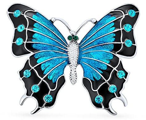 Grande Broche Papillon Ailé De Jardin À Deux Tons Noir Bleu Turquoise Aqua Avec Cristaux Pour Femmes Et Adolescentes Émail Plaqué Or Bijou De Déclaration