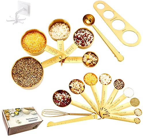 YAGGOOD Measuring Spoons and Cups Set of 19pcs, Gold, Stainless Steel, Measuring Set