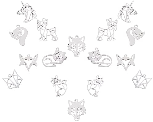 SUNNYCLUE 1 Box 16 STÜCKE 8 Stil Tier Anhänger Edelstahl Tier Charm Kollektion Einhorn Wolf Fuchs Linienform Anhänger Für Schmuckherstellung Charms DIY Bastelbedarf Halskette Armband Ohrring