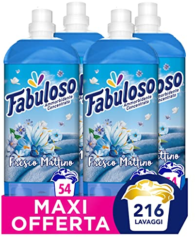 Fabuloso Ammorbidente Lavatrice Concentrato Fresco Mattino, 216 lavaggi, Bucato Morbido e Fresco 2 volte più a Lungo, 4 x 1.25 L