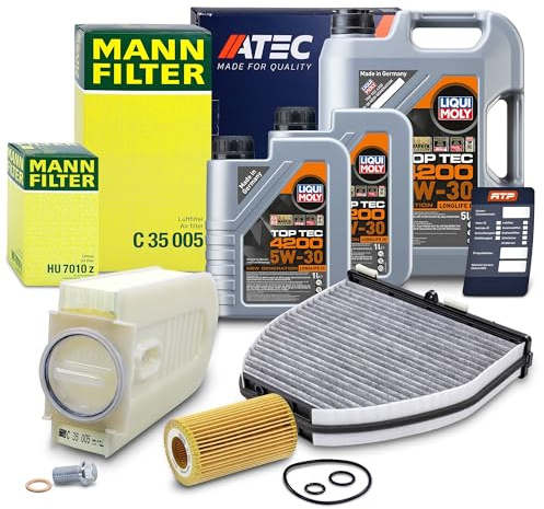 ATEC Germany Inspektionspaket Filterset mit 1x Ölfilter, 1x Luftfilter, 1x Innenraumfilter (Aktivkohle), 1x Ölablassschraube mit Dichtring, 1x Ölwechselanhänger, 1x Motoröl 5W-30 Top Tec 4200 7 l