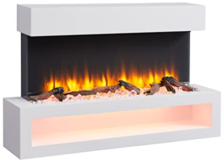 RICHEN camino elettrico Nikos | Caminetto elettrico a muro effetto fiamma 3D | Riscaldamento elettrico 2000 W, luce LED | Focolare sospeso a parete con telecomando, timer, termostato | Bianco