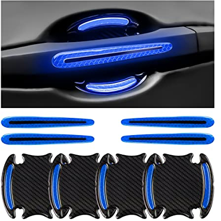 JNNJ 8 PCS Car Handle Cup Protector Reflective Stickers, 3D Carbon Fiber Door Bowl Paint Scratch Protective Film, Night Visibility Door Cover Guard Strips, Warning Decals for Most Cars(Blue)
