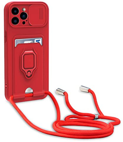 yanasuo Schiebe Kameraschutz Silikon Handykette Hülle kompatibel mit iPhone 15 Pro Max, Metall Ring Halter Handy Cover,Verstellbarer Halskette Handyhülle-Rot