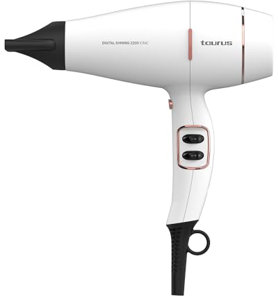 Taurus Secador de Pelo Digital Shining 2200 Ionic, 2200W | Iónico, Cabello Sin Encrespamiento | 3 temperaturas, 2 velocidades | 3 accesorios incluidos | Gancho para colgar | Golpe de Aire Frío Blanco