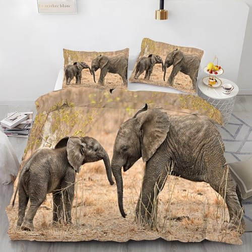 Bettwäsche 135x200 Afrikanischer Elefant Elefant Bettwäsche-Sets 3D Drucken Luftdurchlässiger Bettbezug + 2 Kissenbezug 80x80 cm mit Reißverschluss Geeignet für Kinder, Baby