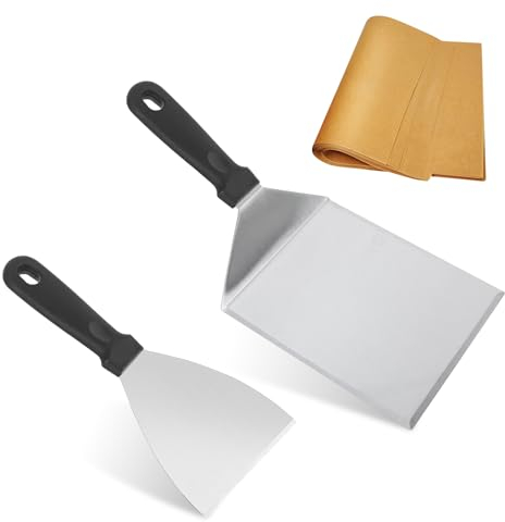smtfcty Grillspachtel 2 Stücke Grillwender Set mit Kunststoff Griff, Grillbesteck BBQ Werkzeugset Edelstahl inkl. Burgerpapier - Grill Pfannenwender für Smash Burger,Plancha Spachtel, Teppanyaki Zube
