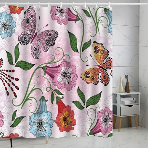 FAIRYGATE Shower Curtains for Bathroom Garden Shower Curtain 100% Water Repellent Mildew Resistant Soft Luster Finish Butterfly Blossom Multicolored 180 x 180cm B8010