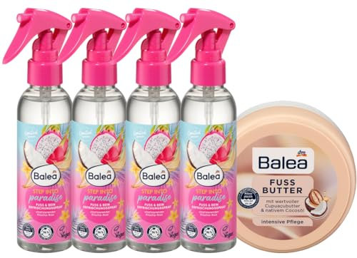 Balea Fußpflege 5er-Set: Fuß & Bein ERFRISCHUNGSSPRAY Step into Paradise Frische-Kick mit kühlendem Menthol (4 x 150 ml) + FUSSBUTTER intensive Pflege mit Cupuaçubutter & Cocosöl (150 ml), 750 ml