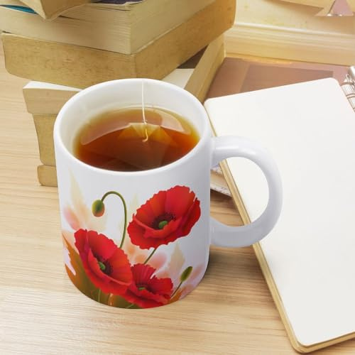 Keramik-Kaffeetasse, Teetassen mit Griffen, Kaffeetassen, Mohnblumen, lebendige Blütenblätter, lustige Keramiktasse mit Griff, für heiße und kalte Getränke, Bürogeschenk