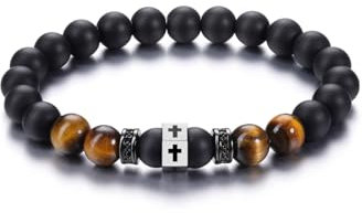 PiercingJak Bracelet Perles Pierre Naturelle Croix Homme Œil de Tigre Agate Noire Pierre Précieuse Homme Papa Mari Petit Ami Bracelet élastique Bijoux Cadeau Bonheur Anniversaire Fête