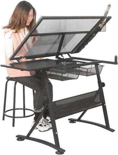 Hlixzoy Tempered Glass Drawing Table with Sub-Board, Adjustable Drawing Table, with Storage Space, Large Art Table, Suitable for Home Office Drawing Table