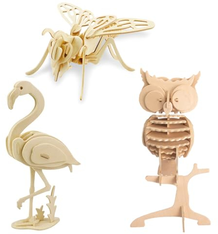Georgie Porgy Hölzerne 3D-Puzzle Sammlung - Baukasten Holzhandwerk Kinderpuzzle Pädagogisches Spielzeug DIY-Geschenk-Packung 3 (Biene & Flamingo & Eule)