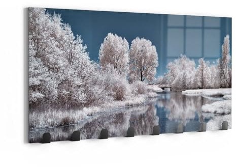 DEQORI Wandgarderobe Glas & Metall | Motiv Stille Wasser | 60x30 cm | Design Haken-Leiste modern | Garderoben-Paneel für Flur, Wohnzimmer & Schlafzimmer | magnetisch & beschreibbar