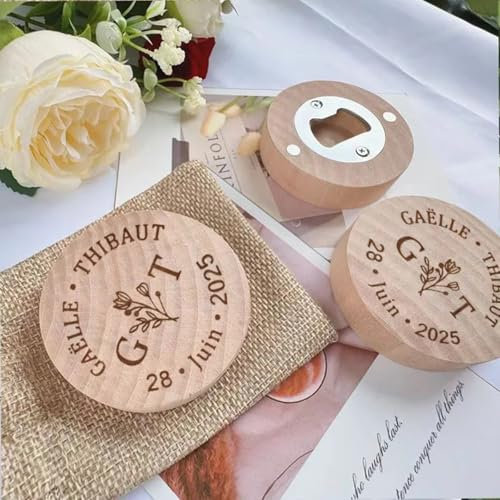 Personalised Bottle Opener Custom Engraved Round Wooden Beer Bottle Opener with Magnet Refrigerator Magnet Bottle Opener for Bridesmaid Wedding Favors Baby Shower Custom Baptism Gift (80pcs)