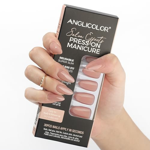 Anglicolor Nude Press On Nails,Short Almond Nails,30 Pcs Soft Gel Fake Nails in 15 Sizes, Reusable Fake Nails Kit (A111, 30 Count)