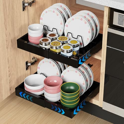 iHomara 2 Pack Expandable Pull Out Cabinet Organizer, Slide Out Drawers for Kitchen Cabinets, Pull 0ut Kitchen Storage 53cm deep with 8 crockery holders Black