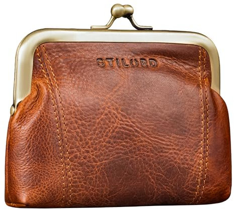 STILORD 'Goldie' Petit Porte Monnaie Femme Cuir véritable Vintage Portefeuille Fermoir Clic Clac Retro Portefeuille pour Femme Cuir Porte-Monnaie à Clip, Couleur:Kara - Cognac