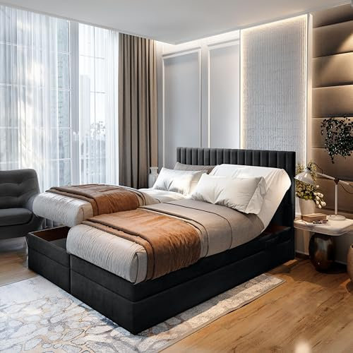 TRADA Boxspringbett ADÈLE 180 x 200 cm – elektrische Bett mit Matratze + Tooper und Bettkasten - Stoffbezug Veloursstoff - Schwarz - 180 x 200 cm