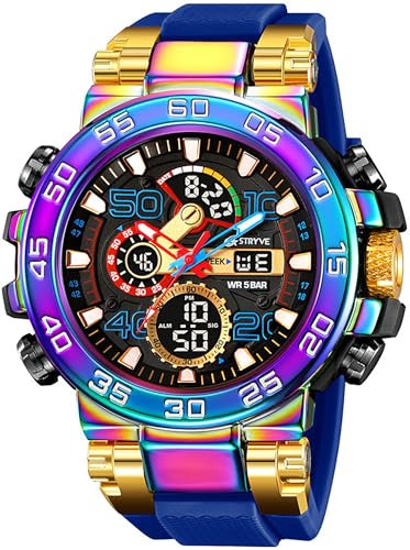 findtime Bunte Uhren Herren 5ATM Wasserdicht Digitaluhr mit Doppelzeit 12/24H Anzeig LED Datum Stoppuhr Große Herrenuhr Cooles Militär Design Blau