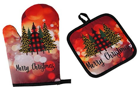 OFFSCH Juego De 2 Guantes Resistentes Al Calor con Temática De Árbol De Navidad Manoplas para Horno De Cocina Almohadillas Sin Guantes para Cocinar Diseño Colgante De Guante para Horno