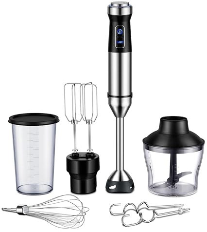 GDOR Licuadora de inmersión 6 en 1 de 1000 W, de acero inoxidable, resistente a los arañazos, de mano con 20 velocidades, incluye batidor, picador, precipitado, batidora de huevos y ganchos para masa