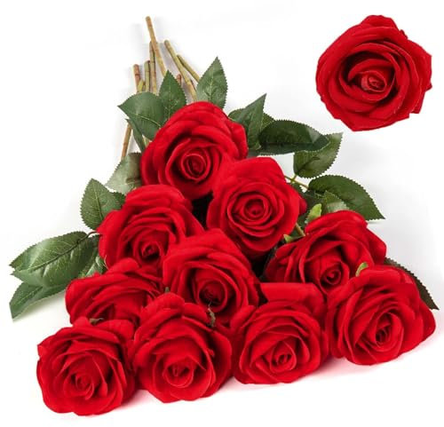 EnixwH 12 Rose Artificielle Fleurs, Bouquet Fleur Artificielle Naturelles et Réelles, 52 cm Longue Tige Réaliste Roses Artificielles, Fausse Fleur pour Home, Mariages, Décorations de Fête (Rouge Vif)