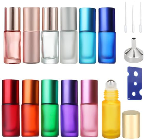 KASURE 12 Stück Roll On Glasflaschen für Ätherisches Öl mit Öffner, Trichter und Tropfer, 5ml Roll on Flasche Leer mit Edelstahl-Ball Bunt Rollon Flaschen Probe Glasflaschen für Ätherische Öle Parfums