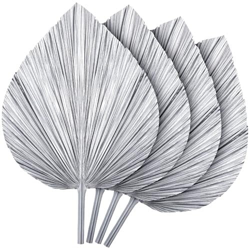 Ovveroche 4 Pcs Large Silver Dried Palm Leaves, Home Wedding Decor Natural Boho Dried Palm Leaves Fans with Stem,Tropical Palm Leaves Boho for Vase Baby Shower Anniversary
