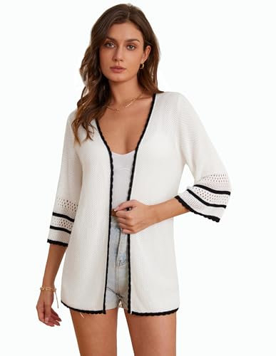 GRACE KARIN Cardigan Donna Lungo Elegante Maglia Aperta Davanti Maniche 3/4 Contrasto Colore Primavera Estate Bianco S