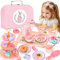 Lajeje Kids Tea Party Set for Little Girls - Adorable Bunny Themed Tea Set - Birthday & Easter Gift Toys for 3-8 Year Old Girls - Pretend Play Tea Party Set with Desserts,Teapot, and Carrying Case