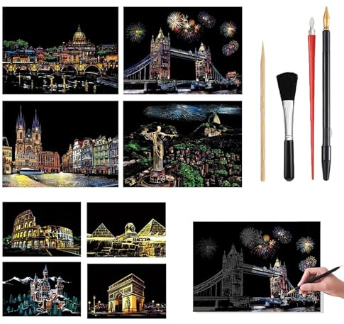 Set completo per creazioni artistiche a graffio: 8 schede A4 da graffiare, 2 pennini da graffio, 1 spazzola pulente, 3 pennini in legno, motivi arcobaleno per appassionati d’arte.