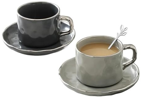 MUZIT Tazas de cerámica, Taza de cerámica 2 PPC Caza de café de cerámica con cuchara de platillo Juego de té de té de té de té Desayuno taza de leche Caza de agua(Black Gray)
