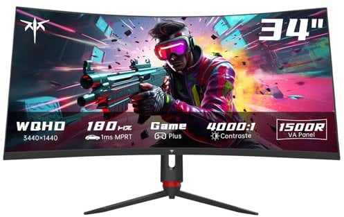 KTC Ecran 34 Pouces Incurvé, UWQHD (3440 x 1440) 180Hz Ecran PC Gamer, Adaptive Sync, 21:9 VA Panel 1500R, 1ms, HDR10, Rapport de Contraste 4000:1, 2 x DP 1.4 (180Hz), 2X HDMI 2.0 (100Hz), H34S18S
