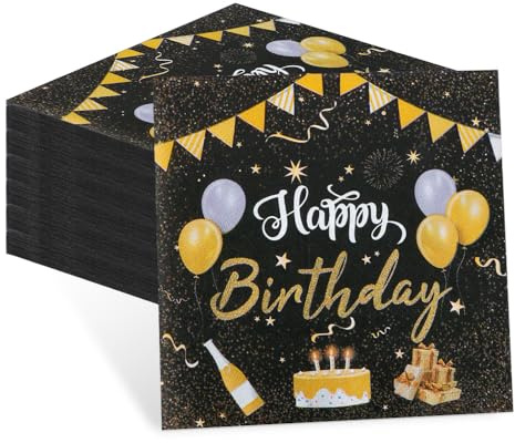 60 Stück Servietten Geburtstag, Servietten Schwarz Gold, 33x33cm Happy Birthday Servietten, Party Geburtstag deko, Happy Birthday Deko für Mann Frau