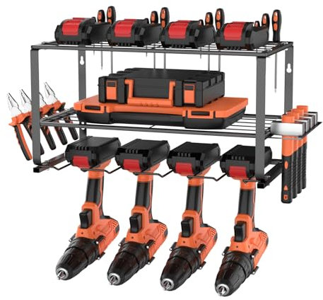 3-Tier Power Tool Storage, Heavy Duty Metal Tools Shelf Organizer Rack for 4 Drill Tools, Toolbox, Screwdrivers, Pliers, Space Saving Drills Holder 150lbs Load, Black