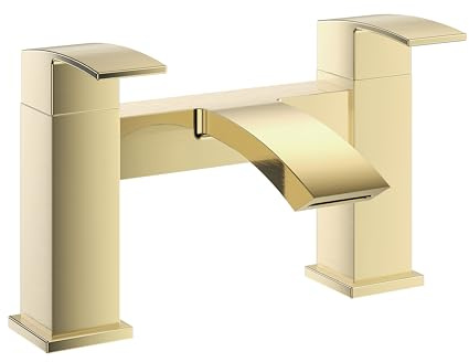 VeeBath Tidal Quadratische Badewannenarmatur – Gebürstetes Messing-Finish, Doppelhebel, moderne Deck-Montage-Badezimmerarmatur, modernes Design für Waschbecken und Badewannen