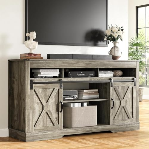 Farmhouse TV Stand for 65 Inch TV - Tall Entertainment Center with Storage Cabinets and Sliding Barn Doors - Mid Century Modern Media Console Table for Living Room