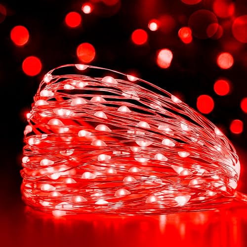 Ollny 5m 50LED Red Fairy Lights Battery Operated,Copper Wire String Lights | Waterproof String Lights for Indoor Outdoor Lighting,Bedroom Party Mother's Day Wedding Anniversary Birthday Decorations