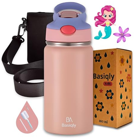 Basiqly Gourde Enfant Inox avec Paille, 350ml, Anti Fuite, Sans BPA, Facile à Ouvrir, Facile à Nettoyer Avec Housse, Stickers, Kit de nettoyage – École Sport Cadeau (ROSE NUDE)