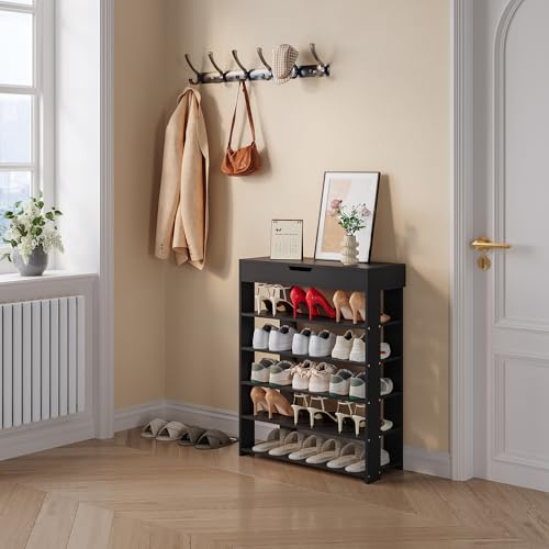 [en.casa] Schuhregal Boppeelo mit Schublade Schuhablage 94 x 75 x 30 cm Schuhaufbewahrung 5 Ablageflächen Standregal für Flur Wohnzimmer Badezimmer Schwarz