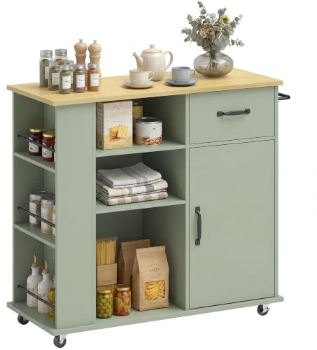 HOMCOM - Postre de cocina con ruedas, isla central con cajón, puerta, compartimentos abiertos, estante ajustable y portaespecias, carrito de almacenamiento para comedor, 96,5 x 38 x 87 cm, verde