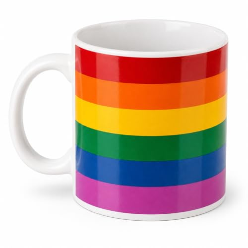 MIJOMA Becher mit Pride Flagge – Keramiktasse aus Steingut mit Regenbogen-Design, ca. 300 ml für Kaffee, Tee und stilvolle Alltagsmomente