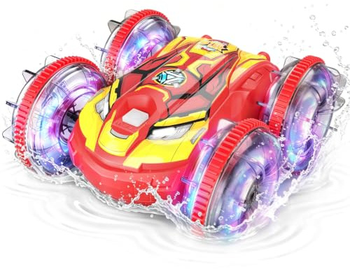 SIVQIKE Ferngesteuertes Auto Kinder, RC Stunt Auto Helden-Design, LED Licht, Handgestensteuerung, wasserdichtes Amphibienfahrzeug, 360° Stunts, 2 Akkus, Geschenk ab 6 Jahren