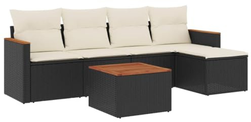 QJBSAVVA 6-TLG Garten Lounge Set mit Kissen, Modular Sofa Garnitur aus Poly Rattan und Akazienholz, Polstergarnitur Sitzgruppe für Garten, Terrasse und Balkon, Schwarz