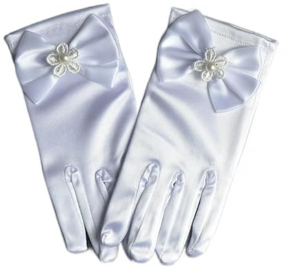 Weiße Satin-Handschuhe mit Kreuz aus Strasssteinen, zur Kommunion von Mädchen/Kindern
