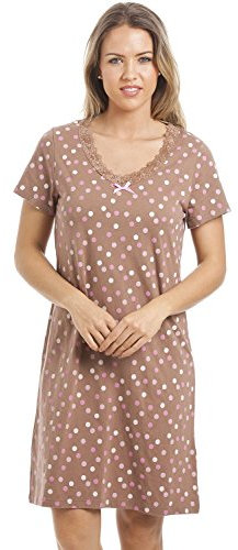 Camille Womens Smooth Soft Cotton Summer Nightshirts 14-16 Brown Polka Dot